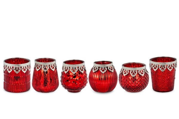 6-teilige Teelichthalter-Garnitur aus rotem Glas und Silbermontur, Höhe 9-10,5 cm