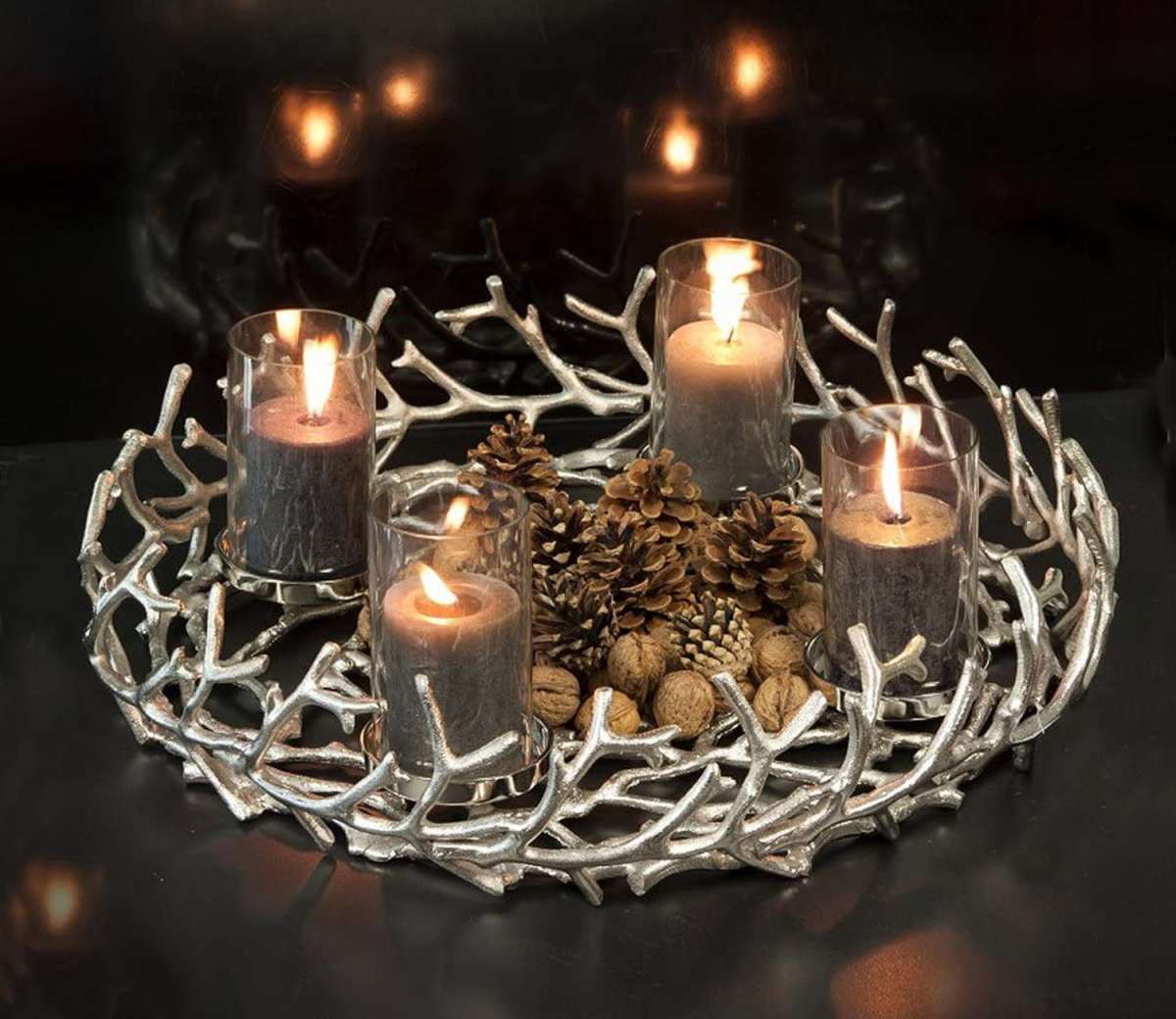 Großer Adventskranz silberfarbend in Geweihoptik, Ø 58 cm, Höhe 12 cm | Weihnachten