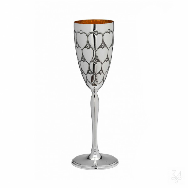 Champagnerflöte in Sterling-Silber Herzdekor Innenseite Vergoldet Höhe 20,4 cm