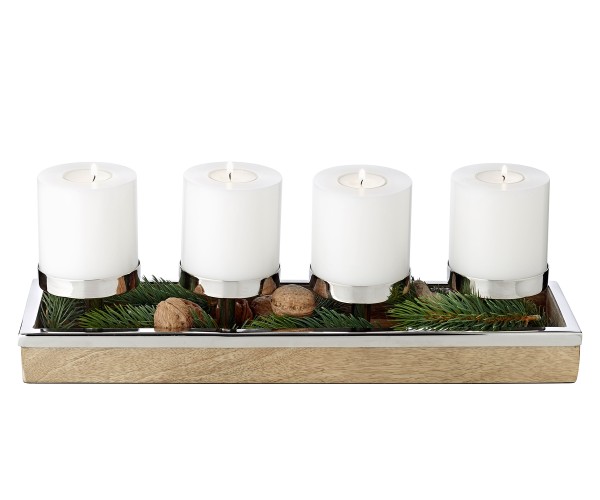 Adventskerzenhalter aus Mangoholz mit 4 silberfarbenen Kerzenhaltern