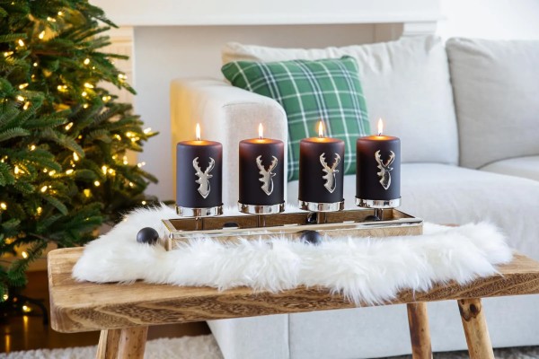 Adventskerzenhalter aus Mangoholz mit 4 silberfarbenen Kerzenhaltern, Höhe 9 cm