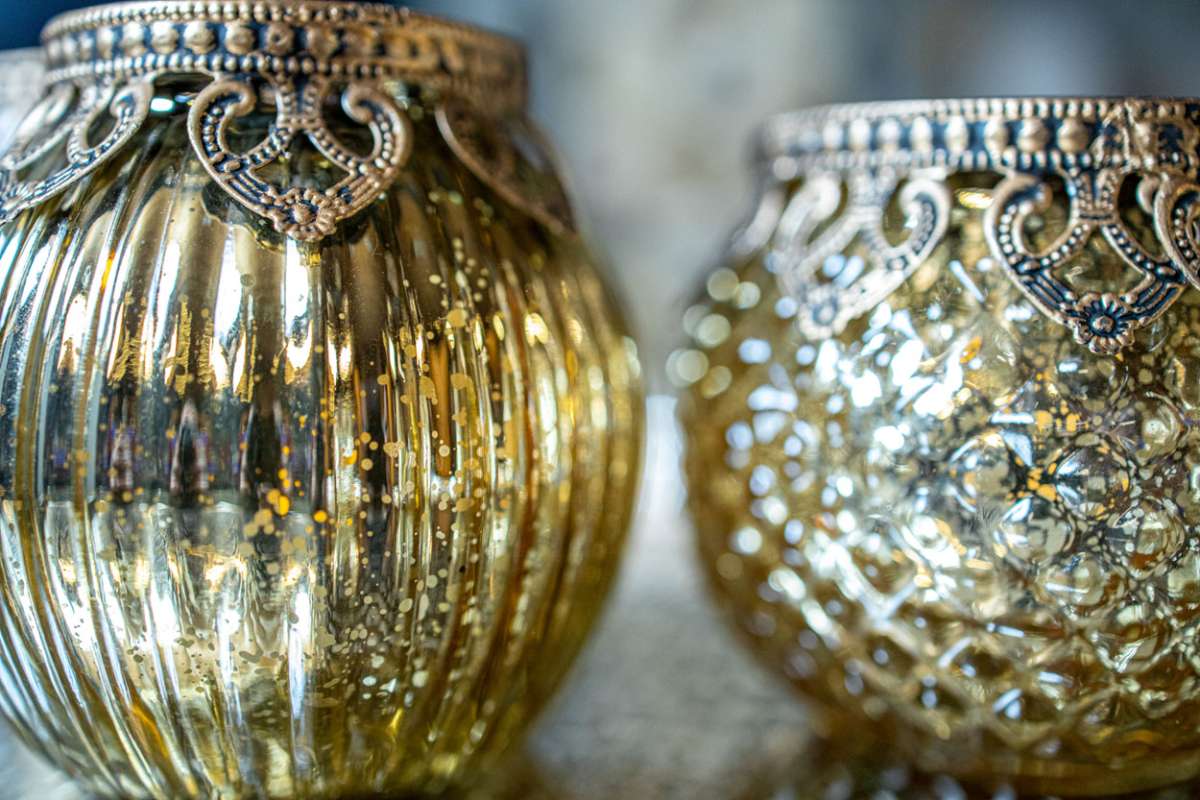 6-teilige Teelichthalter-Garnitur aus Glas goldfarbig mit Perlrand, Höhe 9-10,5 cm-Copy | Weihnachten
