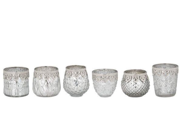 6-teilige Teelichthalter-Garnitur aus Glas silberfarbig und Silbermontur, Höhe 9-10,5 cm
