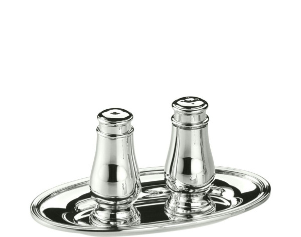 Salz- und Pfefferstreuer auf Tablett in Sterling-Silber