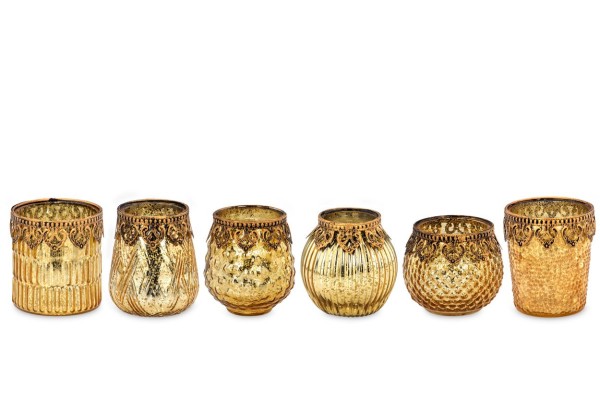6-teilige Teelichthalter-Garnitur aus Glas goldfarbig mit Perlrand, Höhe 9-10,5 cm-Copy