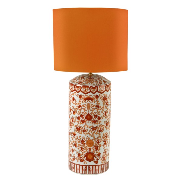 Hohe Porzellanlampe Höhe 58 cm in Korallenrot mit Schirm H.30 cm