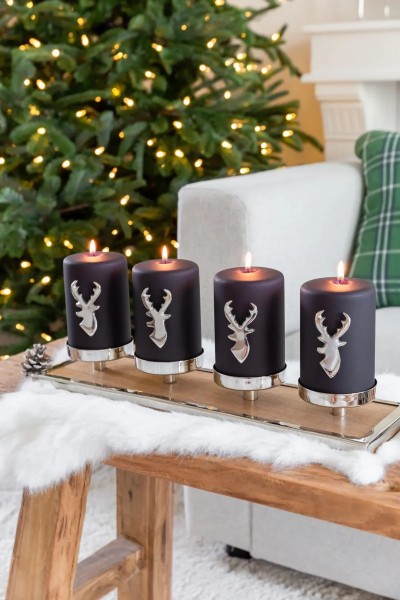 Adventskerzenhalter aus Mangoholz mit 4 silberfarbenen Kerzenhaltern-Höhe 5,5 cm